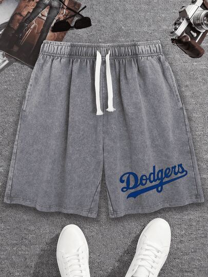 Pantalones cortos lavados para hombres con estampado del logotipo del guión de los Dodgers, 100% algodón, unisex, a juego en pareja, atuendos de verano, Día del Padre, atuendos de festivales de música, Día de la Independencia, regalo ideal - Pantalones cortos de algodón puro premium, diseño casual con cordón elástico, ropa básica para hombres para el estilo urbano, vida diaria, fiestas de vacaciones y actividades al aire libre de verano