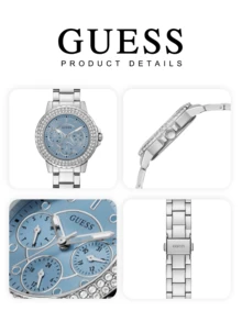 Guess Đồng hồ nữ với viền đính kim cương toàn bộ và mặt số màu xanh băng trong suốt, thiết kế chronograph ba kim kết hợp giữa tính thẩm mỹ và chức năng. Dây đeo bằng thép không gỉ được đánh bóng mang lại cảm giác nhẹ nhàng và sang trọng. Chiếc đồng hồ đeo tay thời trang dành cho nữ này được trang bị bộ máy chính xác để đảm bảo độ chính xác giờ giấc. - Bạc - Xem 6