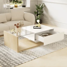 High-Tech Flair Coffee Table / Modern High-Gloss Coffee Table / Living Room Table / Glass Top, With Drawer / Suitable For Living Rooms And Office Areas - Natural - View 4