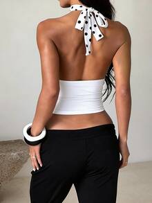 Jotten Women's Polka Dot Print High Neck Spaghetti Strap Tank Top, Sleeveless Waist-Cinched Slim Fit Camisole, Summer Casual Y2K Cropped Top, Aesthetic - Black and White - View 3