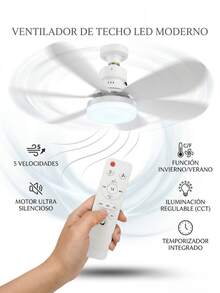 Ventilador de 3 Velocidades Ajustable a 3 Tonos De Luz Con Lámpara LED Socket Universal Alto Flujo de Aire Diseño Ergonómico para Combatir el Calor Refrescante Luces Brillantes Cálida, Neutral y Fría con 5 Aspas Duraderas  Material Resistente Control Elegante Incluido - Blanco - Ver 3