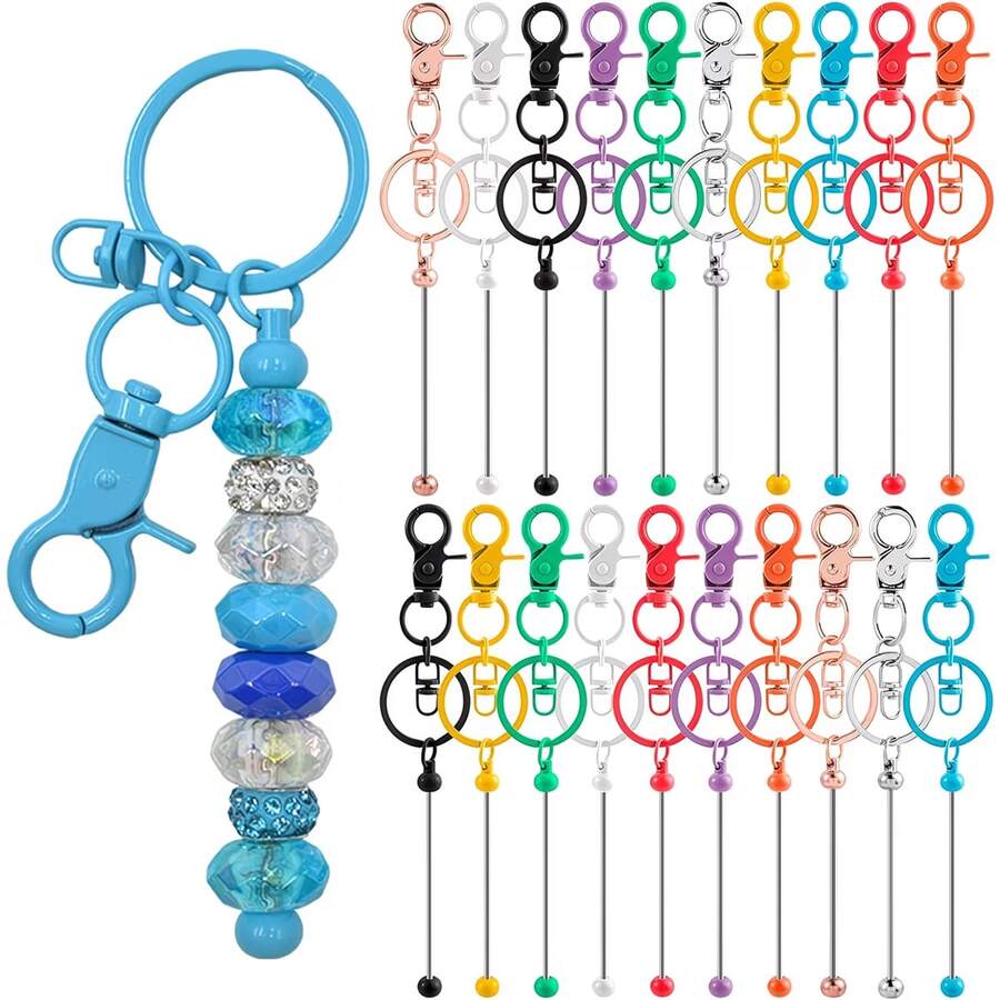 20pcs Assorted Beaded Keychain Kit - DIY Keychain Making Supplies With Metal Blanks, Suitable For Crafts, Jewelry, Accessories, Customization Projects - Blank Chains For Beaded Keychain Design (Silver/Colorful/Black) - Set - View 1