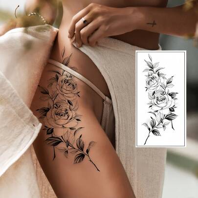 1张防水黑色花卉临时纹身贴纸，逼真玫瑰图案，男女通用，适合各种场合