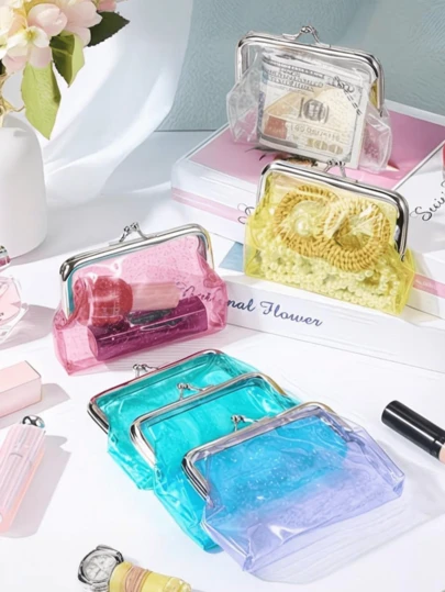 1 stuk modieuze transparante PVC-portemonnee, kleurrijk glittersterrenpatroon, klein tasje met kralenritssluiting; glittermuntzakje, glinsterende charmante mini-portemonnee
