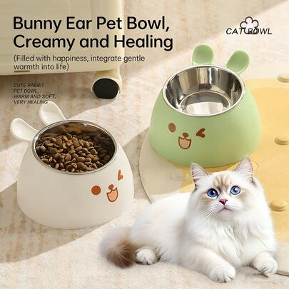 Bát ăn cho mèo hình tai thỏ dễ thương, bát ăn và uống cho thú cưng có chân đế cao, bảo vệ cổ, bằng thép không gỉ, bát đựng thức ăn cho chó, đồ dùng ăn uống cho thú cưng.