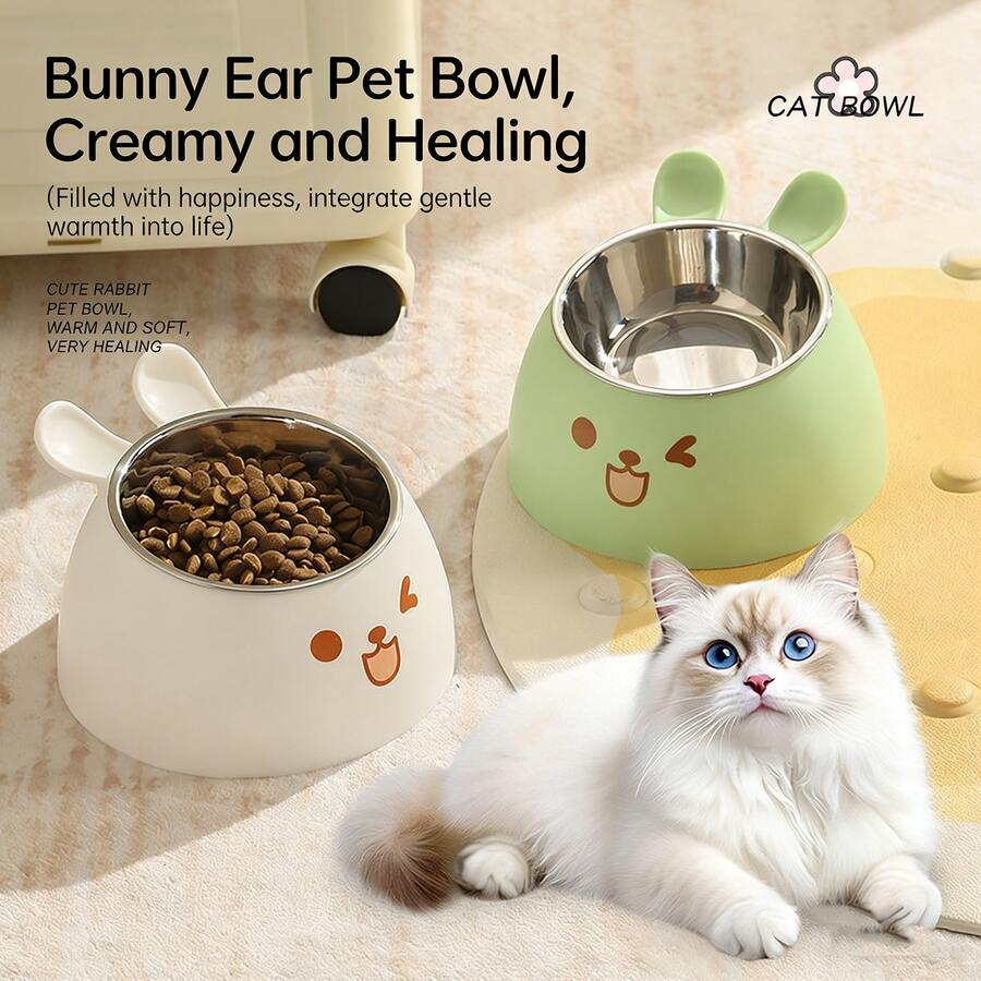 Bát ăn cho mèo hình tai thỏ dễ thương, bát ăn và uống cho thú cưng có chân đế cao, bảo vệ cổ, bằng thép không gỉ, bát đựng thức ăn cho chó, đồ dùng ăn uống cho thú cưng. - 500ml - Xem 1