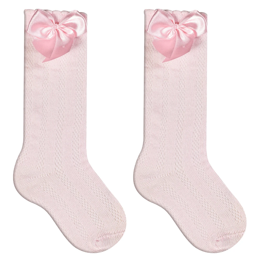Children's 3/4 Party Socks 16-33 Satin Bow Long Shaft Youth Girl Baptism Wedding Flower Girl Social Dance Events Elegant Quality Soft Touch Coquette Korean Anime Schoolgirl - 2雙粉紅色 - 查看 1