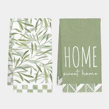 2pcs Simple Daily Green Leaf "Sweet Home" Pattern Kitchen Towels, Soft Polyester Material Dish Cloths, Suitable For Kitchen Decor, Cleaning, Holiday Party Decoration, Kitchen & Bathroom Essentials, Home Decor, Housewarming Gift - Multicolor - View 11