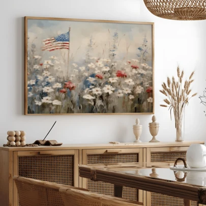 1pc [Patriotic Oil Painting Art] Vibrant Patriotic Sunflowers And American Flag Oil Painting Art | Waterproof Wooden Frame, Ready To Hang, Decorated With Blue White Red Floral Pattern And US Flag | Suitable For Canvas Wall Art, Fashion Girl Art, Inspirational Quote Art, Home Decor, Hanging Canvas