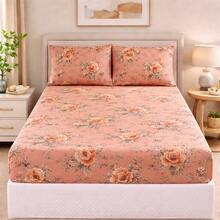 400 Thread Count Micropercal Bedding Set With Hemstitching, Double, Queen, And Single Sizes, Printed, Extra Soft And Comfortable Touch. - Flor de salmón - Ver 2