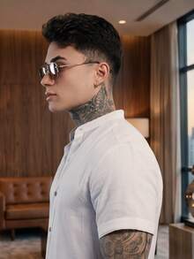 Men's Short Sleeve Shirt With Priest Collar Elegant Casual Party Work - 黑與白 - 查看 5