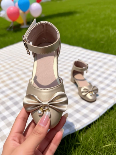 1 Pair Girls' Pearl Bow PU Leather Non-Slip Round Toe High Heel Shoes, Fashionable Style Suitable For Spring Festival Lawn Tea, School Club Presentation Or Visiting Friends And Relatives