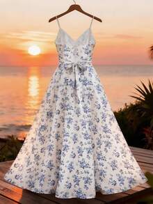 Damen lässig Elegant Blümchen Maxikleid, Boho-Stil, geeignet für Strandurlaub und tägliche Dates, Sommer - Blau - Übersicht 7