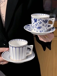 一套手绘金线几何陶瓷杯碟套装，优雅咖啡杯碟套装，早餐牛奶杯，甜点盘，法式下午茶甜点杯碟套装，适用于餐厅、客厅、咖啡馆 - 彩色 - 查看 9