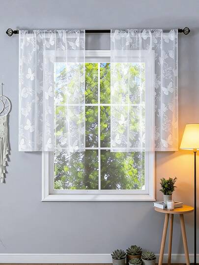 Rèm cửa kiểu quán cà phê họa tiết bướm và hoa (1/2 tấm), rèm ren xuyên sáng cho nhà bếp, phòng ngủ, phòng khách, ban công, tủ, tiệc tùng, trang trí nhà cửa, dễ dàng lắp ráp và tháo rời, có thể giặt và tái sử dụng.