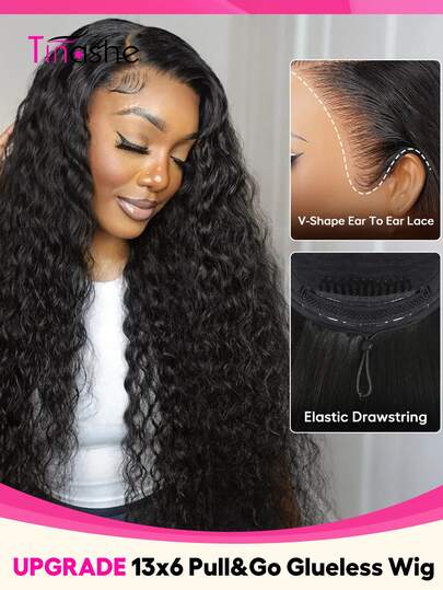 Tinashe Tóc giả 13*6 Pull&Go Full Frontal Water Wave Drawstring Glueless Human Hair Wig Pre Everything Lace Front Wig For Women Halloween Maquillaje Cosplay Fairy Hair Wedding Mermaid Black Wig Hair Stuff