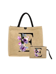 紫色花卉字母印花黄色亚麻手提袋和化妆包套装，包含一个字母印花购物袋和一个配套化妆包。可用作日常手提包、可重复使用的购物袋或化妆品收纳袋。非常适合携带日常必需品、食品杂货、化妆品和办公用品。 - 彩色 - 查看 17