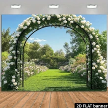 2D Flat Romantic Floral Garden Arch Backdrop With Black Metal Gate And Roses - Photo Prop, Suitable For Celebrations, Parties And Outdoor Decor, Made Of Polyester, No Power Needed, Party Decoration, Elegant Background, Natural Appearance, Garden Decor - A - View 2