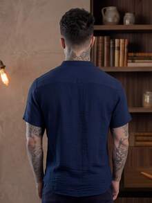 Men's Short Sleeve Shirt With Priest Collar, Lightweight, Work And Leisure - 中等水洗藍 - 查看 5
