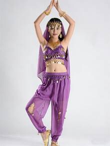 Bộ đồ hai mảnh phong cách Bohemian với tua rua hình đồng xu, gồm áo hai dây và quần harem xẻ tà dành cho nữ, thích hợp cho các lễ hội, biểu diễn múa bụng, hóa trang Halloween (có nhiều màu sắc). - Nhiều màu - Xem 12