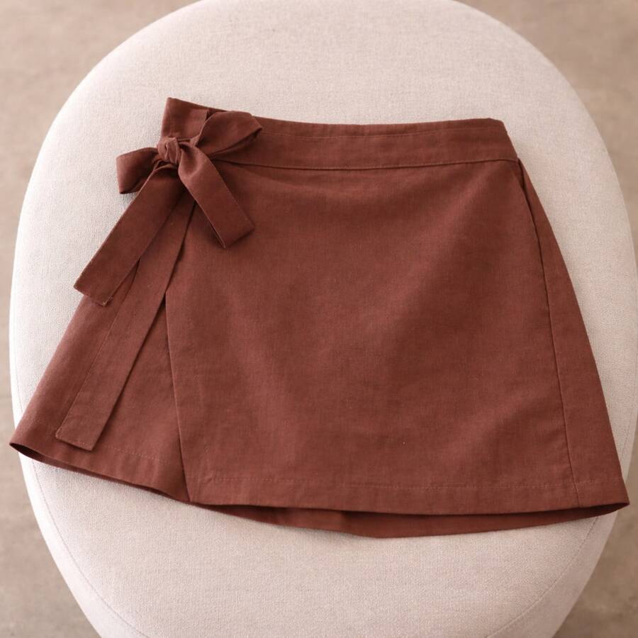 Premium Tailored Short Skirt / High Waist With Side Tie - Óxido marrón - Ver 1