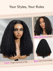 UNice 7x5 Bye-Bye Slip Curly Texture Premium Hair Drawstring Wig With Finger Coil Ends Curly Human Hair Drawstring Wig With Finger Coil Ends Bye Bye Knots Glueless 7x5 Lace Wigs Pre Plucked Pre Cut Bleached Knots Black Wig 150% Density Put On And Go Glueless Human Hair Wigs Curly Lace Closure Hair Wigs With Frontal Finger Coil Ends - SNatural - 查看 3