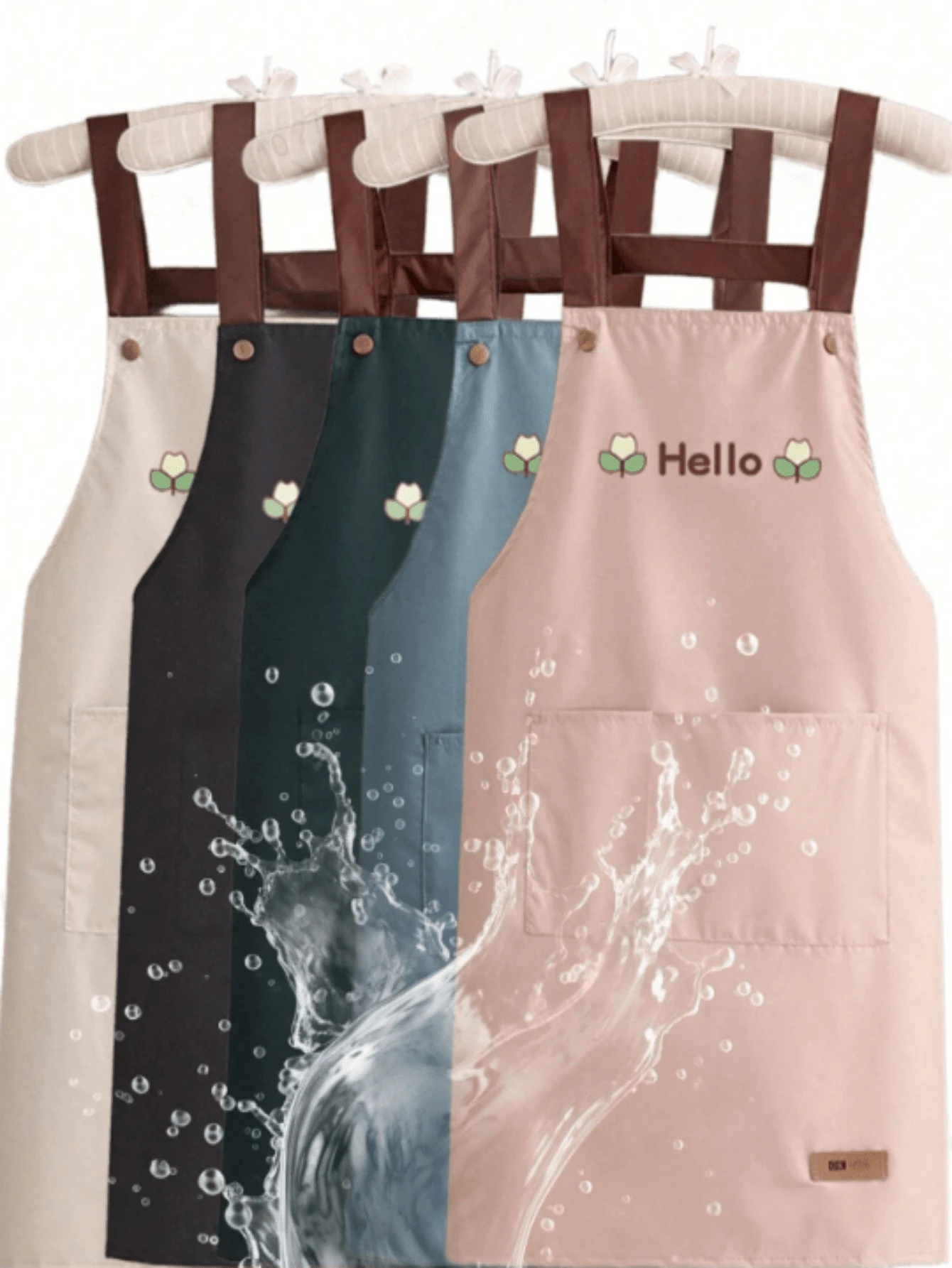 1pc Solid Color Cute Bear Pattern Double-Sided Waterproof Barista Apron, Suitable For Home, Outdoor Kitchen And Catering Industry, Floral Pattern Workwear - HELLO - View 1