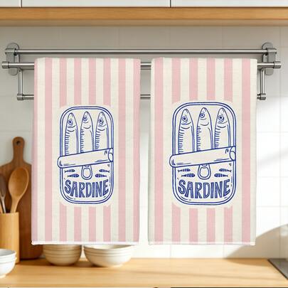 Bộ 2 khăn lau bếp họa tiết cá mòi sọc hồng mùa hè, chất liệu polyester mềm mại, thích hợp trang trí nhà bếp, lau dọn, trang trí tiệc tùng, đồ dùng thiết yếu cho nhà bếp và phòng tắm, trang trí nhà cửa, quà tặng tân gia.