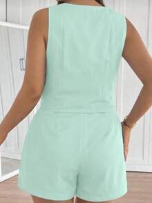 MICHLEE Women's Plus Size Set With Sleeveless Vest And Tailored Shorts - 淡綠1 - 查看 5