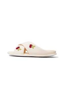 1 Pair Soft & Healing Cherry Embroidery Cross Linen Slippers, Milky White Base With Delicate Cherry Embroidery, Gentle And Youthful, Comfortable Choice For Spring/Summer Home, Bedroom Or Living Room, Girly, Home Essential, Soft Girl Must-Have - Cherry Slippers - View 15