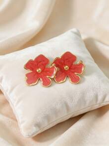 女士厚金花朵造型耳环，低过敏性镀金多层花瓣叶子红白耳钉，时尚首饰 - 金色 - 查看 7