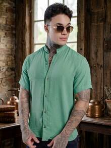 Men's Short Sleeve Shirt With Priest Collar, Lightweight, Work And Leisure - Mint Green - View 1