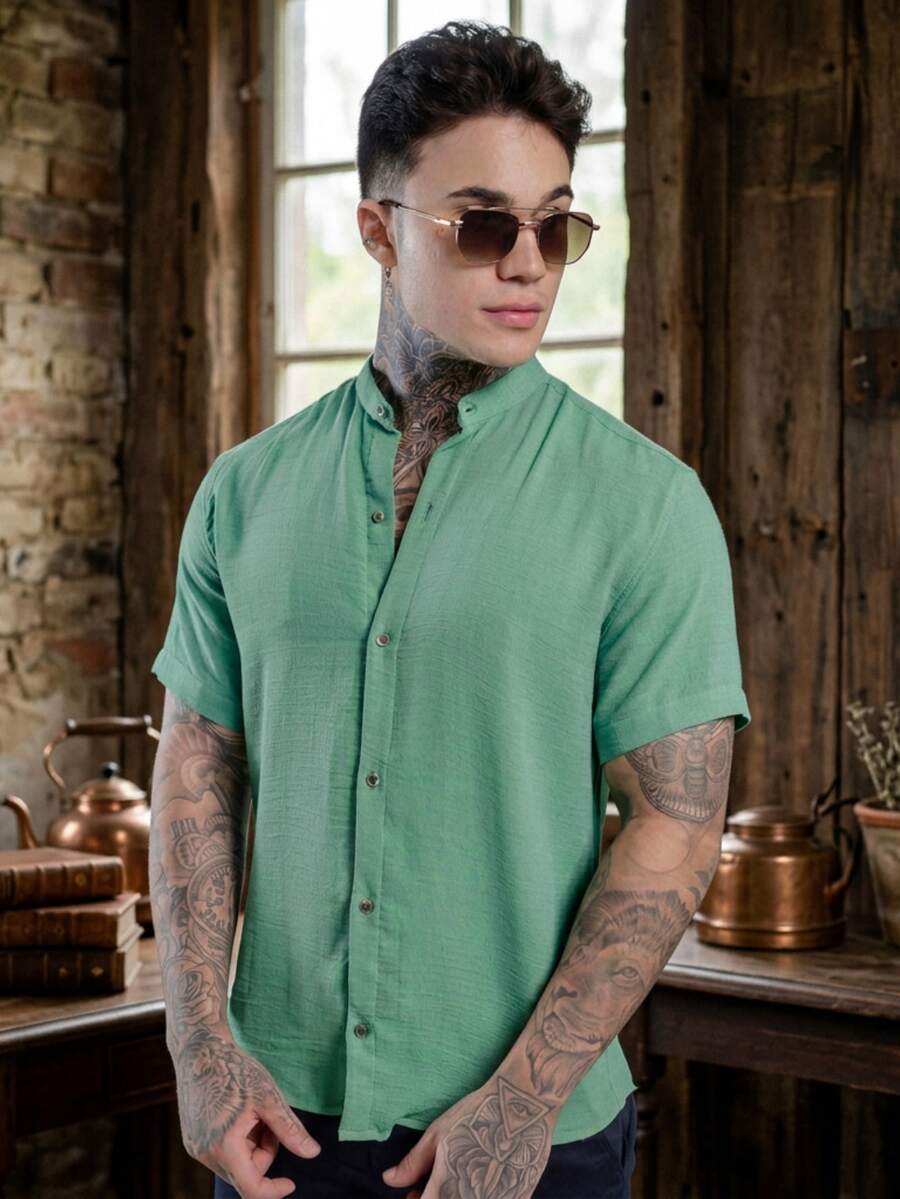 Men's Short Sleeve Shirt With Priest Collar, Lightweight, Work And Leisure - Mint Green - View 1