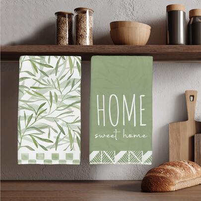2条装简约日常绿叶“甜蜜家园”图案厨房毛巾，柔软涤纶材质，适用于厨房装饰、清洁、节日派对装饰、厨房和浴室用品、家居装饰、乔迁礼物