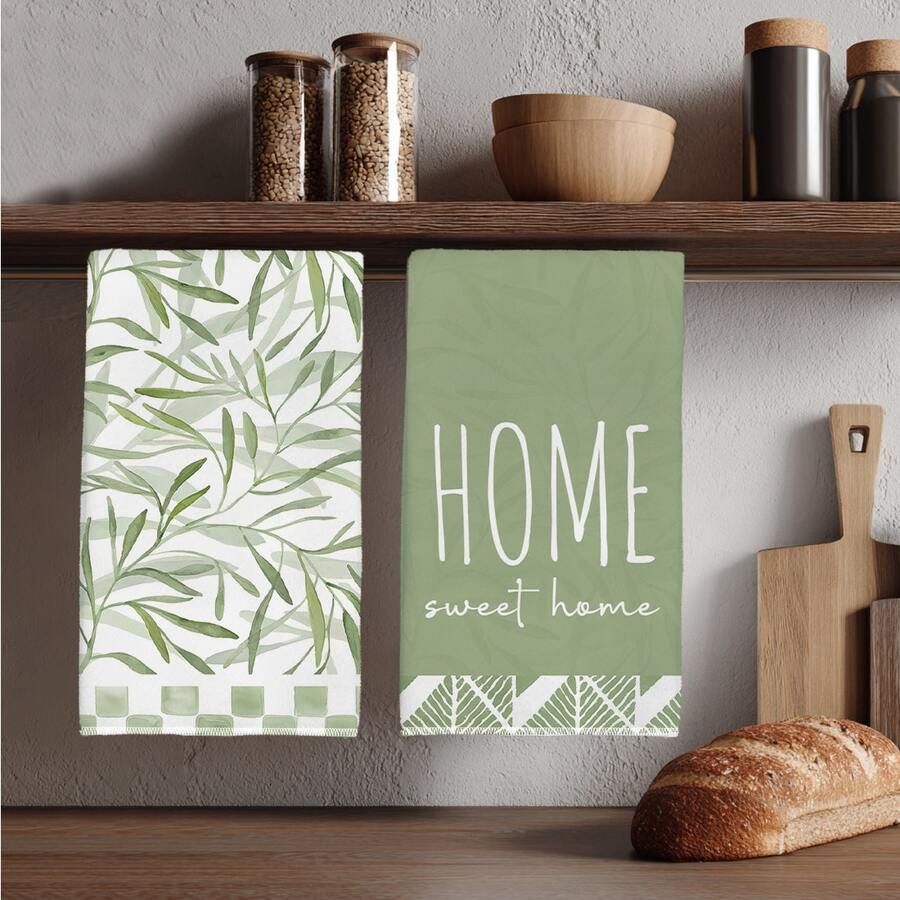 2pcs Simple Daily Green Leaf "Sweet Home" Pattern Kitchen Towels, Soft Polyester Material Dish Cloths, Suitable For Kitchen Decor, Cleaning, Holiday Party Decoration, Kitchen & Bathroom Essentials, Home Decor, Housewarming Gift - Multicolor - View 1
