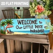 2D Flat, 1pc, Rustic Style "Welcome To Our Little Paradise" Iron Sign, Wall Decor, Suitable For Beach House, Summer Residence, Coastal Decor, Vacation Home, Porch Decoration, Decorative Plaque, 4X16 Inches - Multicolor - View 3
