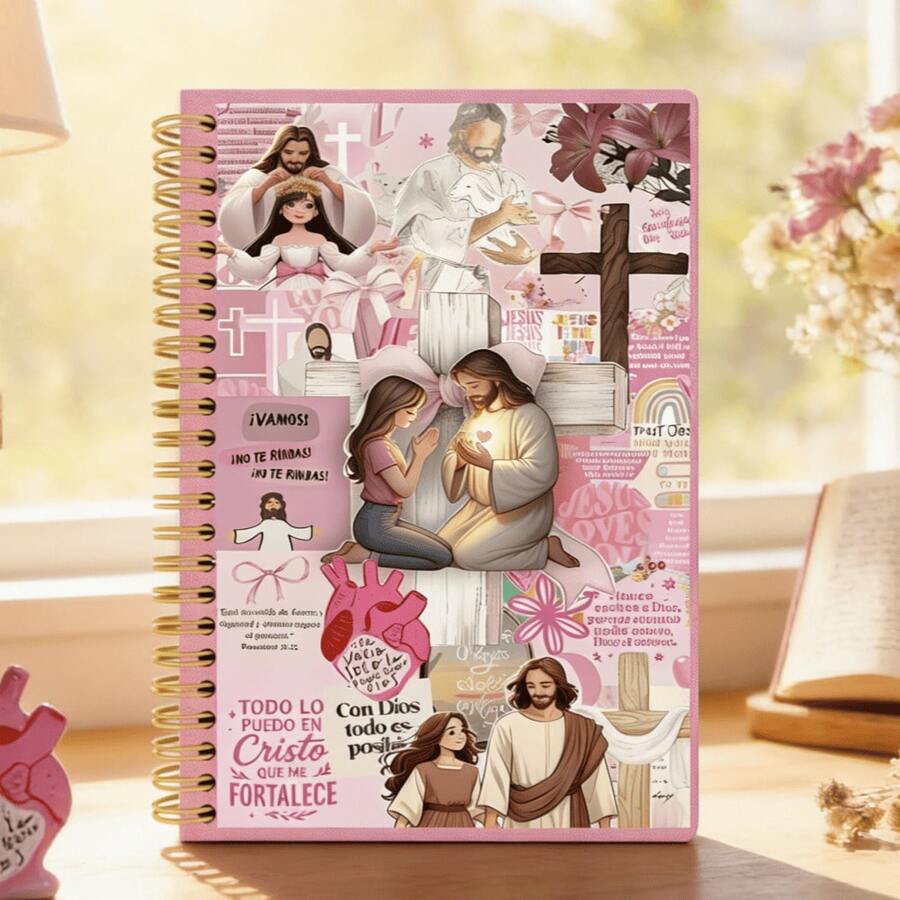 1 cuốn sổ tay xoắn ốc dành cho tín đồ Cơ đốc giáo, sổ nhật ký chủ đề Chúa Giê-su màu hồng theo phong cách nghệ thuật cắt dán, sổ lập kế hoạch đức tin Cơ đốc giáo bằng tiếng Tây Ban Nha, sổ nhật ký cầu nguyện và học Kinh Thánh đa năng, món quà lý tưởng cho phụ nữ Cơ đốc giáo, tín đồ nói tiếng Tây Ban Nha và những người tìm kiếm đức tin. - A - Xem 1