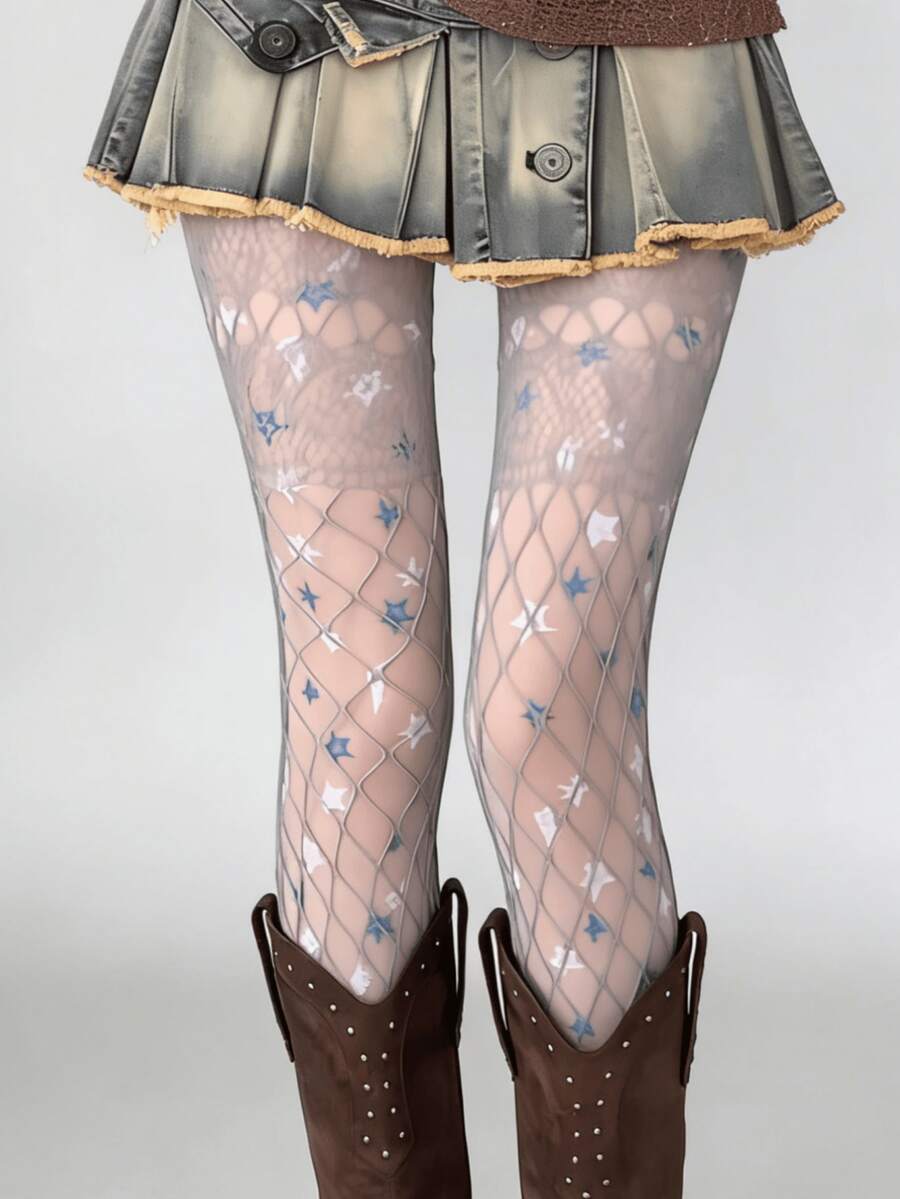 1/2 双 Y2K 性感镂空星形渔网袜，多层款式，适合春夏穿着 - 彩色 - 查看 1