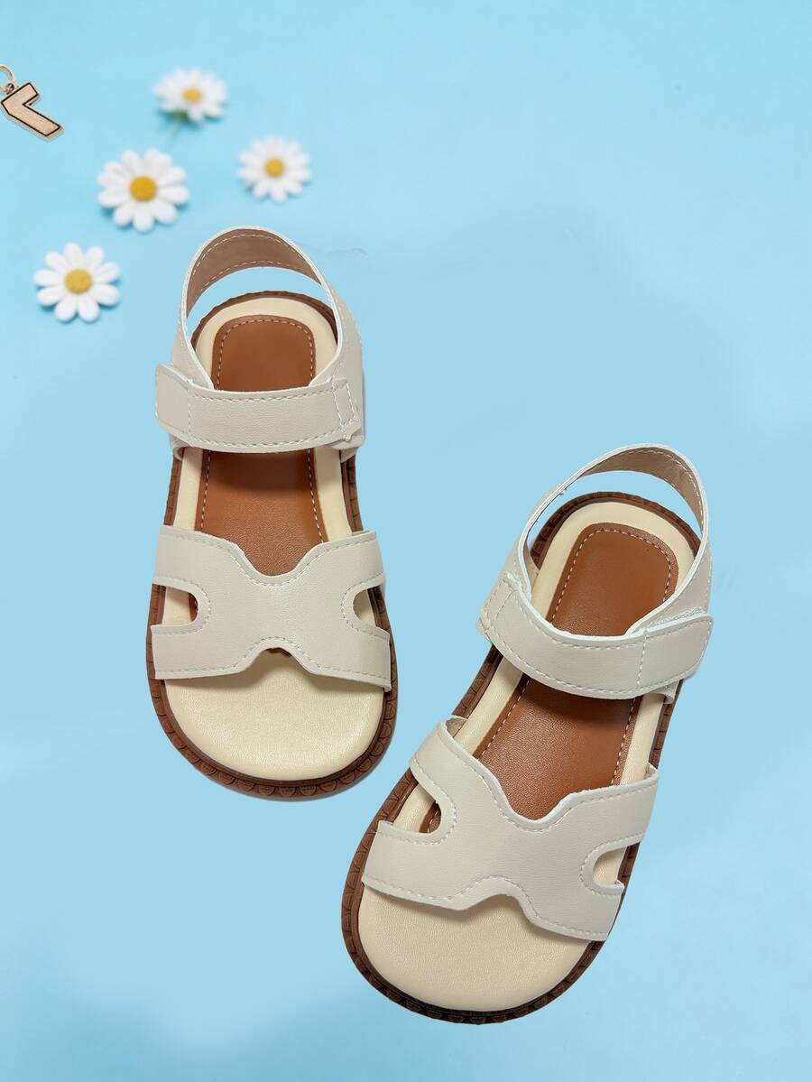 1 Pair Fashionable Toddler Sandals, Beige Girls' Flat Sandals, Hook And Loop Design Easy To Wear And Take Off, Soft Non-Slip Sole, Suitable For Summer Outings, Banquets, Parties, Vacations - Beige - View 1