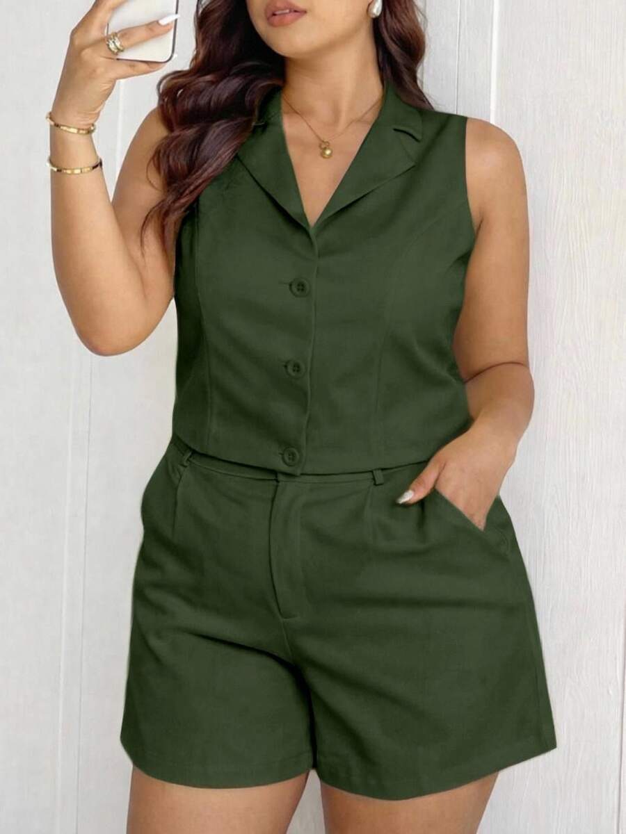 MICHLEE Women's Plus Size Set With Sleeveless Vest And Tailored Shorts - 軍綠1 - 查看 1