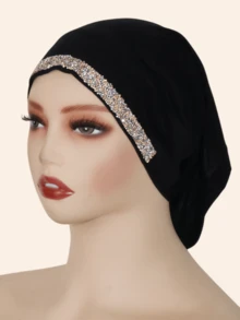 1件装女士时尚莫代尔面料精致水钻日常便捷头巾，马来西亚 - 絲光棉鑽帽多色 - 查看 9