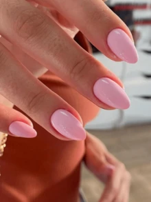 30 piezas Conjunto de uñas postizas cortas y lindas de color rosa sólido, incluye 1 lima de uñas y 1 hoja de pegamento, adecuado para regalos de vacaciones, fiestas, reuniones y uso diario - Rosa - Ver 3