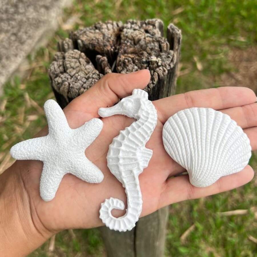 Aplique Fundo Mar Resina Quadro Mdf Branco Kit 45 Pçs - Padrão - Visão 1