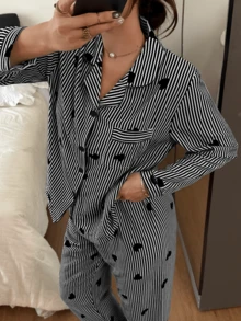 Dreamivo Heart Striped Summer Women's Bubble Wrinkle Print Pajama Set - Short Sleeve Button Collar Top And Pants, Soft Sleepwear, Machine Washable, Can Be Worn Outerwear Women's Long Sleeve Long Pants Pajama Set - Black - View 4