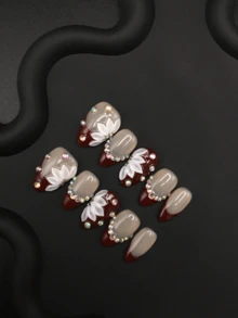 手工美甲,杏仁形,气质甜美风格,红色指尖立体花朵小钻贴片,适合日常佩戴 - 彩色 - 查看 9