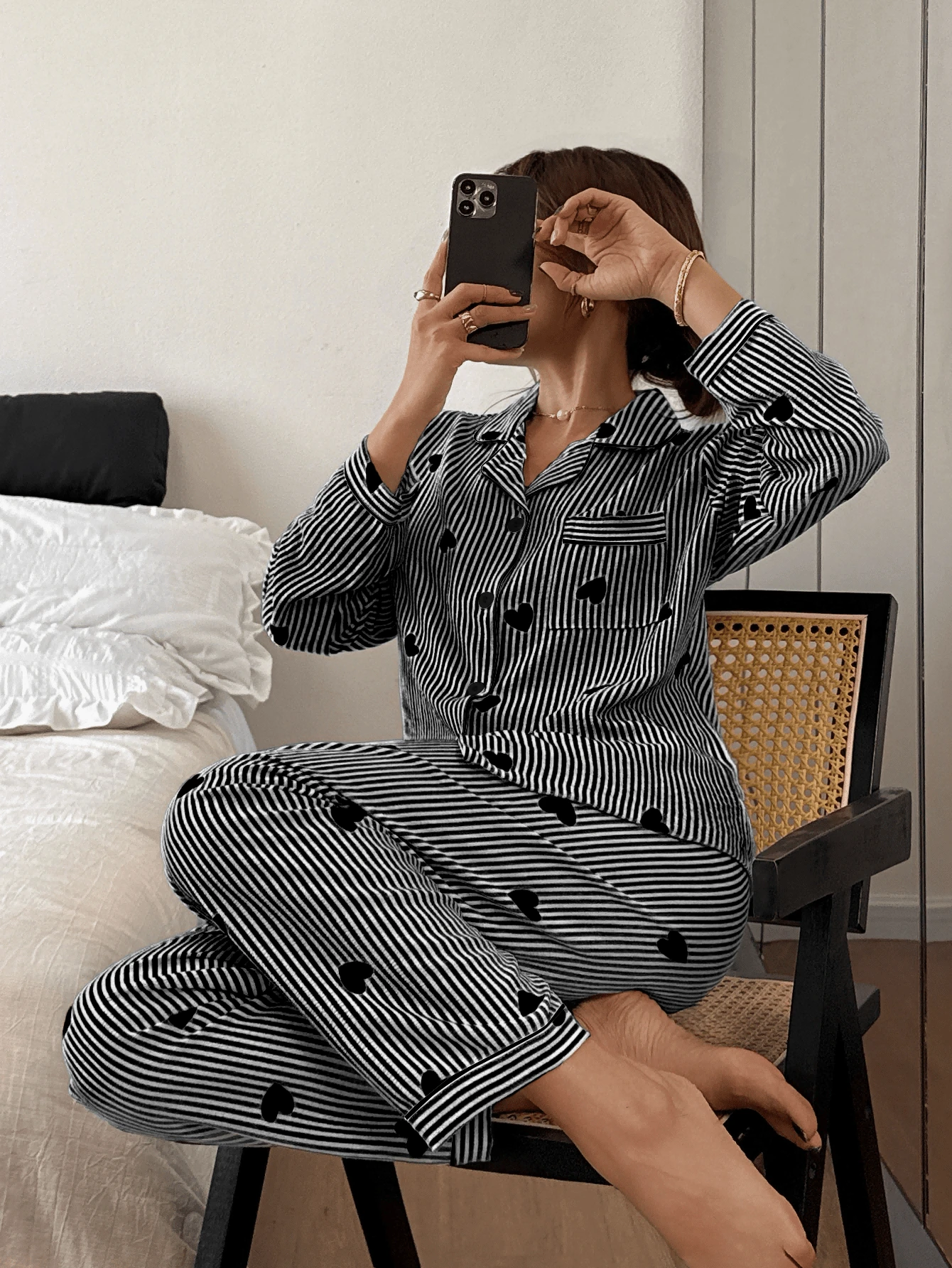 Dreamivo Heart Striped Summer Women's Bubble Wrinkle Print Pajama Set - Short Sleeve Button Collar Top And Pants, Soft Sleepwear, Machine Washable, Can Be Worn Outerwear Women's Long Sleeve Long Pants Pajama Set - Black - View 1