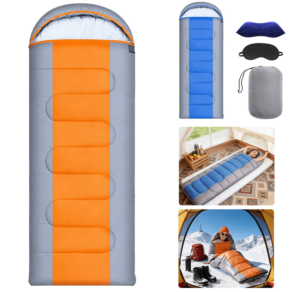 4 Season Sleeping Bag Waterproof Outdoor Camping Hiking Envelope Single Zip Bags, Blue/Orange