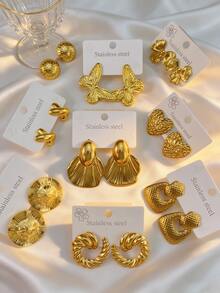 随机2对/6对套装。金色几何造型不锈钢耳环，设计精美，不锈钢饰品，女士耳环，吊坠式耳环，镀金铰链圆形耳环，竹节纹理，钻石切割，六边形，方形，圆形，蝴蝶形，心形，水滴形，永生花 - 金色 - 查看 5