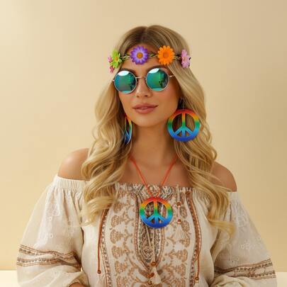 Bộ phụ kiện phong cách Bohemian thập niên 70, 80, 90 gồm 5 món: 1 băng đô hoa, 1 kính gọng tròn kiểu retro, 1 đôi bông tai cầu vồng và 1 dây chuyền. Thích hợp cho các bữa tiệc theo chủ đề, tiệc phong cách Boho, tiệc mùa hè và tiệc retro.