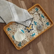 1pc Southeast Asian Handmade Rattan & Shell Square Tray, Breakfast, Afternoon Tea Decor Tray, Fruit Plate, Home Living Room Snack Storage Tea Tray - Multicolor - View 10